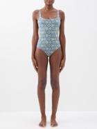 Etro - Square-neck Floral-print Swimsuit - Womens - Blue Print