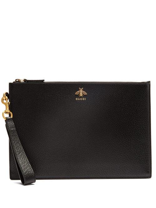 Matchesfashion.com Gucci - Bee Plaque Leather Pouch - Mens - Black