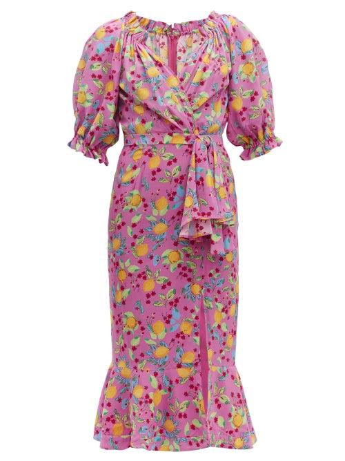 Matchesfashion.com Saloni - Olivia Lemon Print Silk Crepe Midi Dress - Womens - Pink Multi