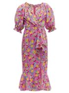 Matchesfashion.com Saloni - Olivia Lemon Print Silk Crepe Midi Dress - Womens - Pink Multi