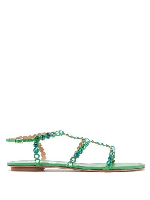 Aquazzura - Tequila Crystal-embellished Suede Flat Sandals - Womens - Green