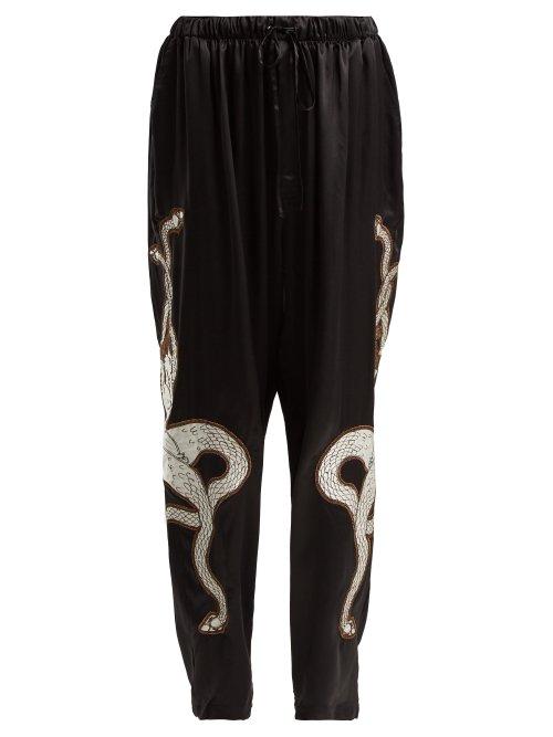 Matchesfashion.com Edward Crutchley - Appliqu Patch Silk Satin Trousers - Womens - Black