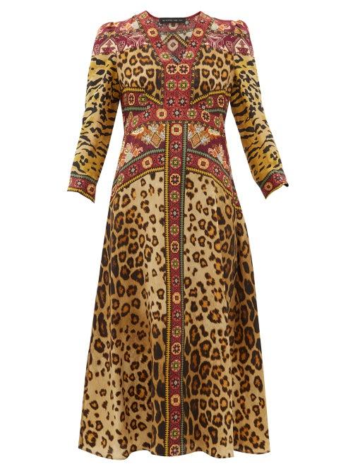 Matchesfashion.com Etro - Animal Print V Neck Midi Dress - Womens - Leopard