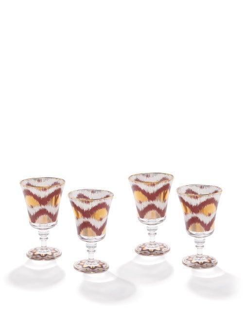 Les Ottomans - Set Of Four Ikat-print Wine Glasses - Burgundy