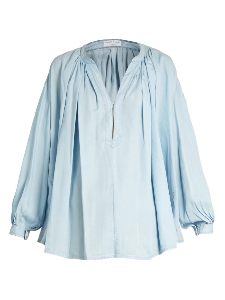 Sonia Rykiel V-neck Pleated Chambray Blouse
