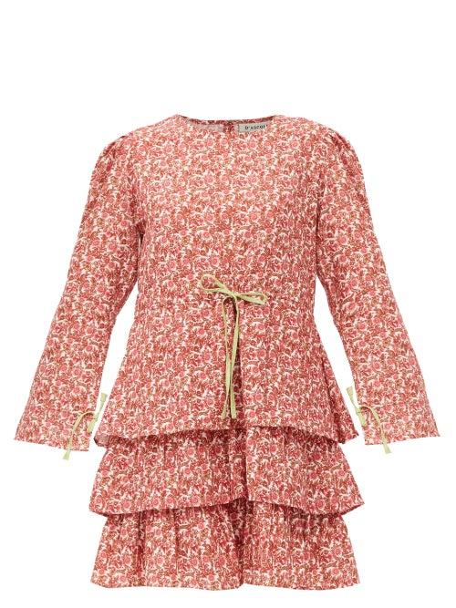 Matchesfashion.com D'ascoli - Zuzu Drawstring Floral-print Cotton-khadi Dress - Womens - Pink