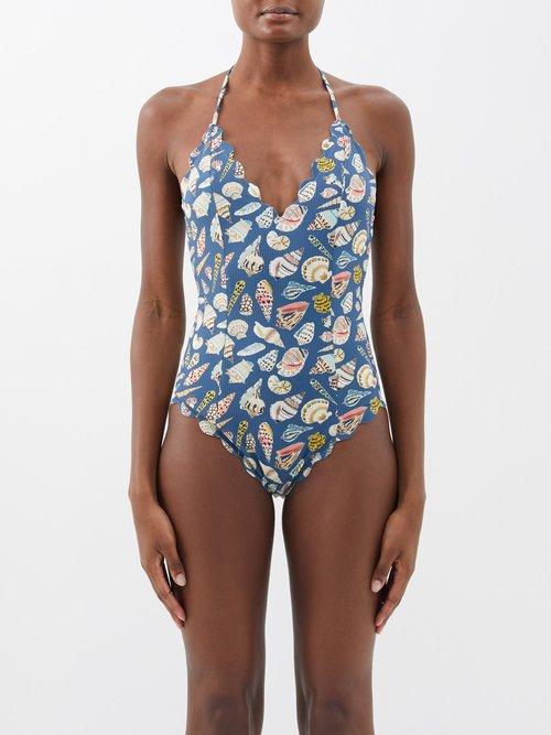 Marysia - Broadway Reversible Shell-print Swimsuit - Womens - Navy Print