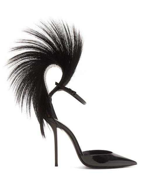 Matchesfashion.com Saint Laurent - Jamie Feather Embellished Patent Leather Pumps - Womens - Black