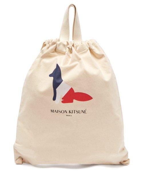Matchesfashion.com Maison Kitsun - Tri Colour Fox Print Cotton Backpack - Mens - Beige
