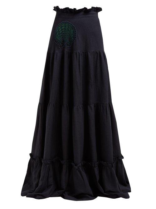 Matchesfashion.com Adriana Degreas - Marine Embroidered Linen Blend Skirt - Womens - Navy
