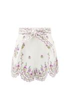 Matchesfashion.com Zimmermann - Poppy Floral-embroidered Voile Shorts - Womens - White Multi