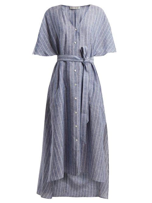 Matchesfashion.com Palmer//harding - Striped Tie Waist Linen Dress - Womens - Navy Stripe