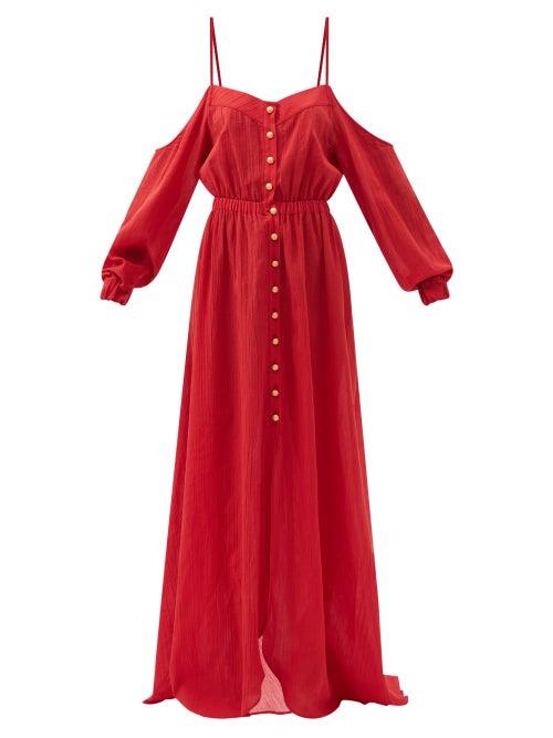 Balmain - Cutout-shoulder Cotton-voile Maxi Dress - Womens - Red