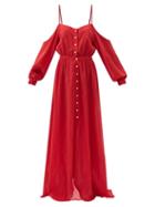 Balmain - Cutout-shoulder Cotton-voile Maxi Dress - Womens - Red