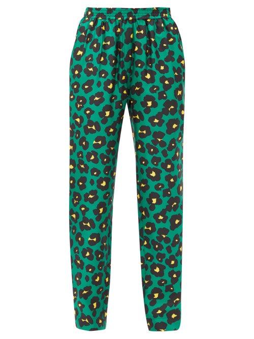 Matchesfashion.com La Doublej - Flower Leopard-print Silk-twill Trousers - Womens - Green Print
