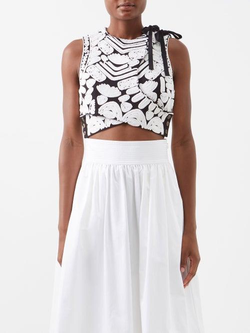 Ulla Johnson - Nisha Tie-shoulder Embroidered Cotton Cropped Top - Womens - Black White