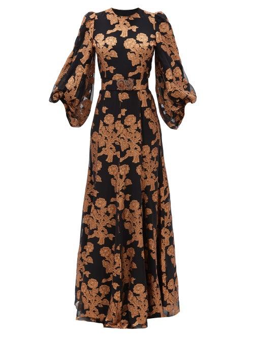 Matchesfashion.com Andrew Gn - Metallic Floral Fil-coup Silk-blend Gown - Womens - Black Gold
