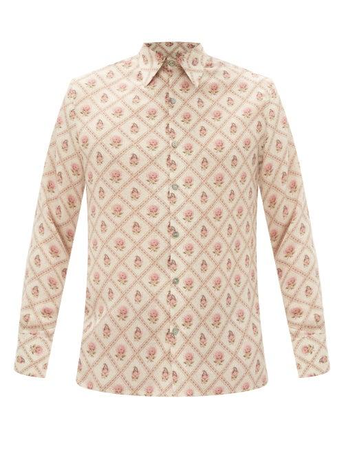 73 London - Sash-neck Floral-print Silk-georgette Shirt - Mens - Cream Print