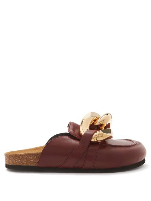 Ladies Shoes Jw Anderson - Chain Backless Leather Loafers - Womens - Burgundy