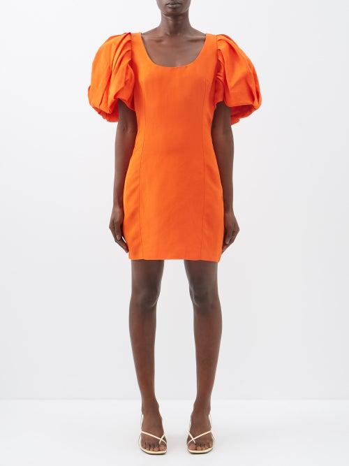Frame - Puff-sleeve Scoop-neck Slubbed-poplin Mini Dress - Womens - Orange