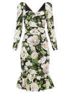 Matchesfashion.com Dolce & Gabbana - Rose Print Sweetheart Neck Silk Blend Dress - Womens - Black Multi