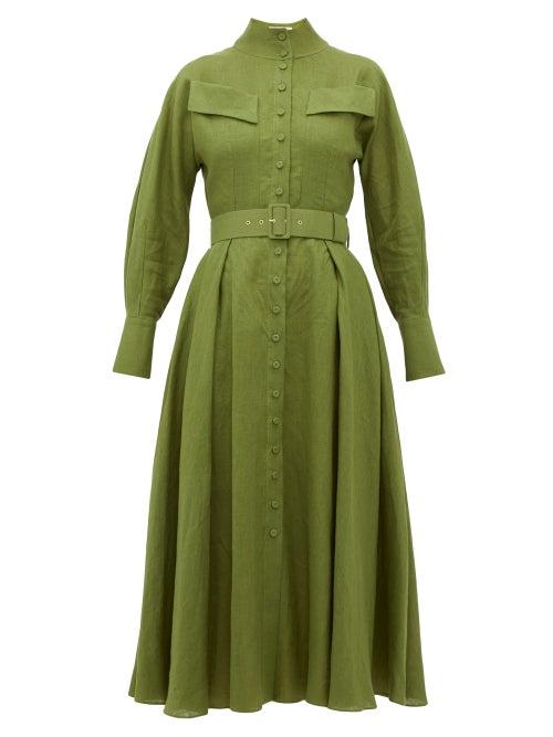 Matchesfashion.com Emilia Wickstead - Appolina Belted Linen Shirtdress - Womens - Khaki