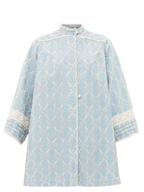 Matchesfashion.com Gucci - Gg Broderie Anglaise Cotton Mini Dress - Womens - Blue White