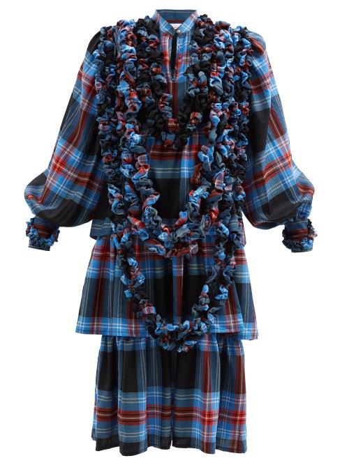 Charles Jeffrey Loverboy - Faulds Ruffled Wool-tartan Midi Dress - Womens - Blue Multi