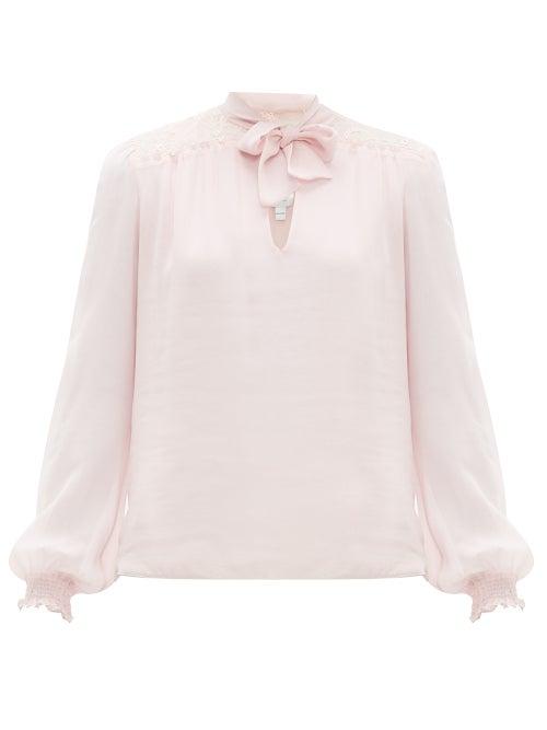 Matchesfashion.com Giambattista Valli - Lace Panel Pussybow Silk Blouse - Womens - Pink