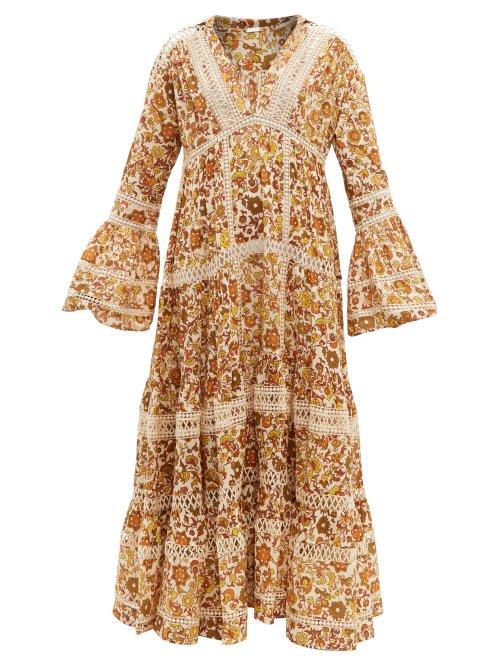 Matchesfashion.com Dodo Bar Or - Enid Floral Print Tiered Cotton Poplin Maxi Dress - Womens - Gold