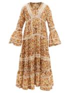 Matchesfashion.com Dodo Bar Or - Enid Floral Print Tiered Cotton Poplin Maxi Dress - Womens - Gold