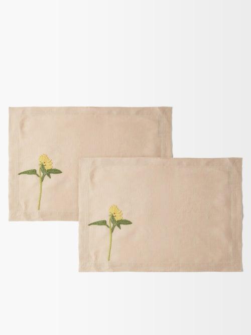 Bernadette - Set Of Two Sunflower-embroidered Placemats - Womens - Beige Multi