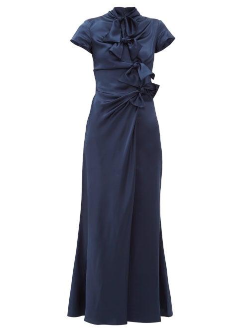 Matchesfashion.com Saloni - Kelly Bow Trim Silk Charmeuse Maxi Dress - Womens - Navy