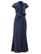 Matchesfashion.com Saloni - Kelly Bow Trim Silk Charmeuse Maxi Dress - Womens - Navy