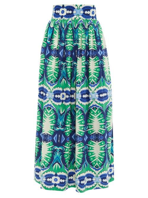 Matchesfashion.com Le Sirenuse, Positano - Jane Fish Tail-print Cotton-poplin Midi Skirt - Womens - Green Print