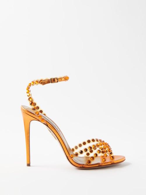 Aquazzura - Tequila 105 Crystal-embellished Leather Sandals - Womens - Orange