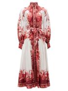 Matchesfashion.com Zimmermann - Wavelength Belted Silk-twill Midi Dress - Womens - Pink Print