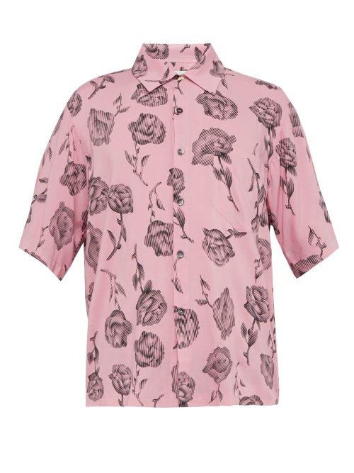 Matchesfashion.com Aries - Rose Print Short Sleeved Satin Shirt - Mens - Pink