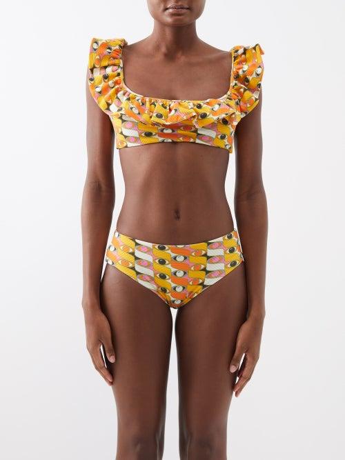 La Doublej - Third Eye-print Ruffled Piqu Bikini Top - Womens - Orange Print