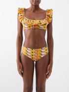La Doublej - Third Eye-print Ruffled Piqu Bikini Top - Womens - Orange Print