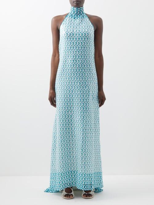 Missoni - Halterneck Backless Sequinned Crochet-knit Gown - Womens - Blue