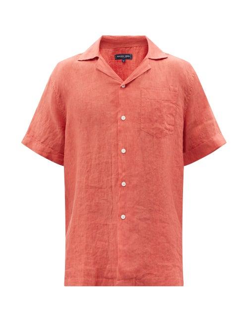 Frescobol Carioca - Cuban-collar Linen Short-sleeved Shirt - Mens - Light Red