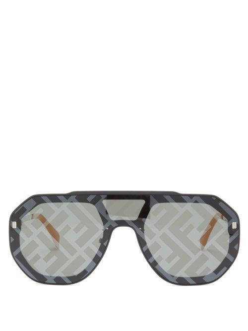 Fendi - Ff-print Aviator Acetate And Metal Sunglasses - Mens - Black