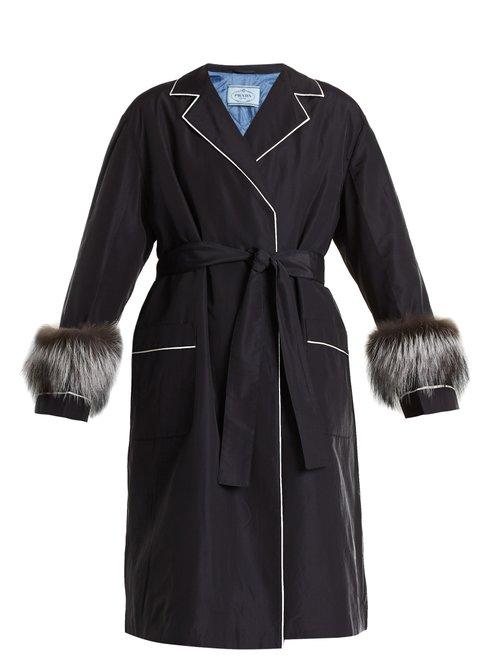 Matchesfashion.com Prada - Fur Trimmed Tie Waist Faille Wrap Coat - Womens - Navy White