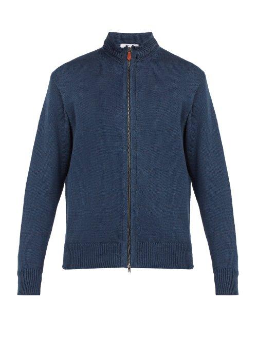 Matchesfashion.com Inis Mein - High Neck Chevron Knit Linen Sweater - Mens - Navy