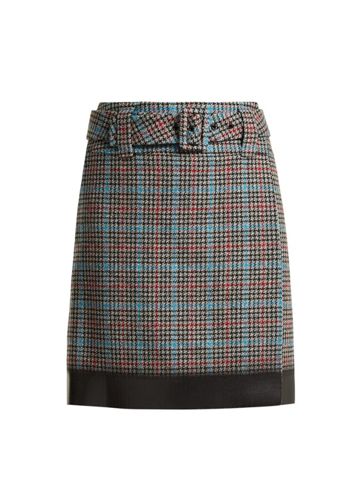 Prada Logo-patch Houndstooth Wool-blend Skirt