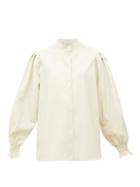 Matchesfashion.com Msgm - Collarless Balloon-sleeve Faux-leather Shirt - Womens - White