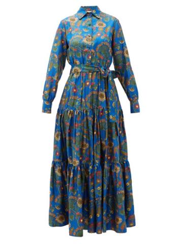 Matchesfashion.com La Doublej - Bellini Tiered Thistle-print Silk Shirt Dress - Womens - Blue Print