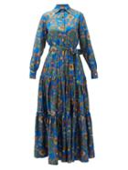 Matchesfashion.com La Doublej - Bellini Tiered Thistle-print Silk Shirt Dress - Womens - Blue Print