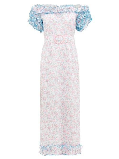 Matchesfashion.com Gl Hrgel - Ruffled Off-shoulder Floral-print Linen Dress - Womens - Pink Multi